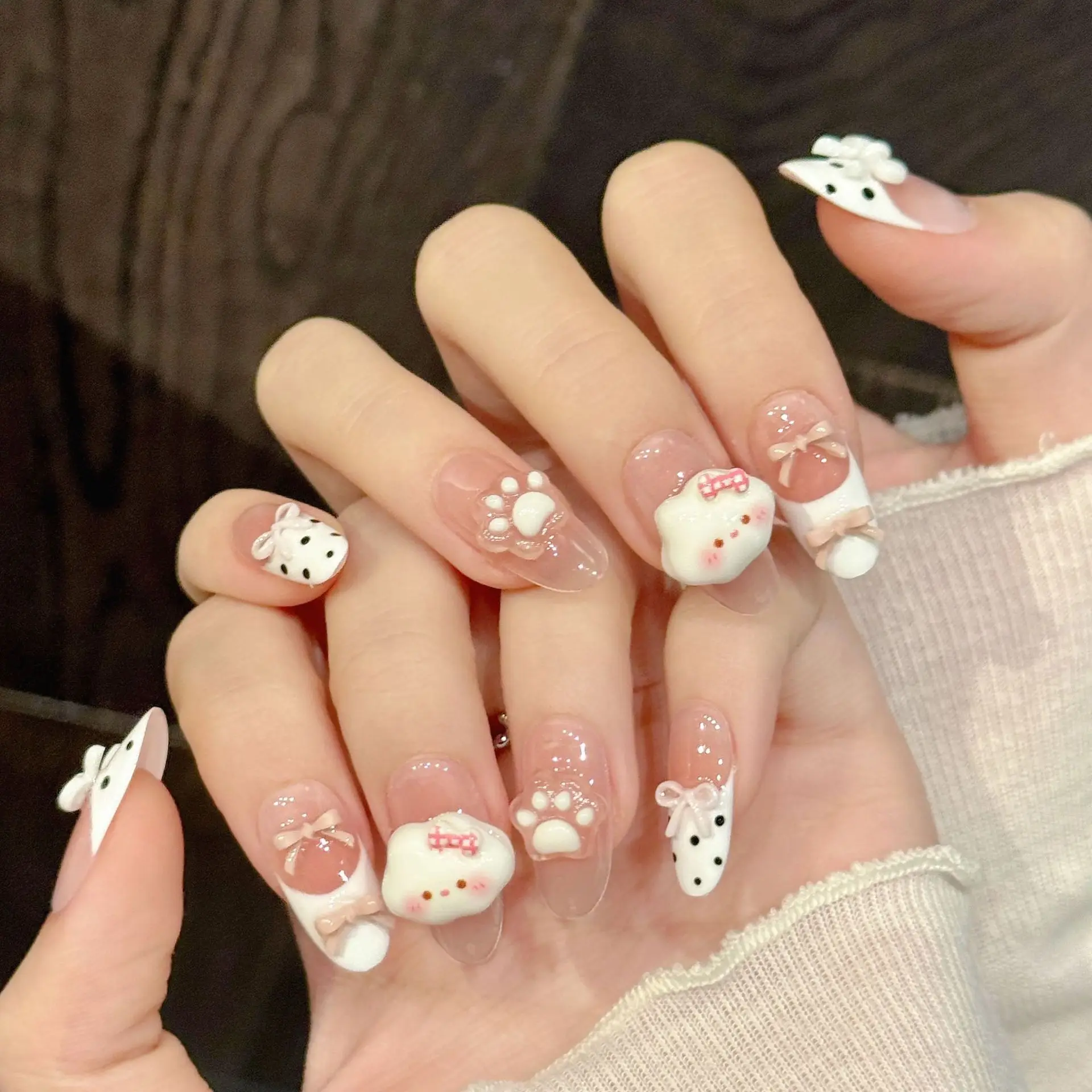 10pcs Cartoon 3D Cloud Cat Claw Press On Nails Wave Point Bowknots Designs Handmade Fake Nails Sweet White French Tip False Nail