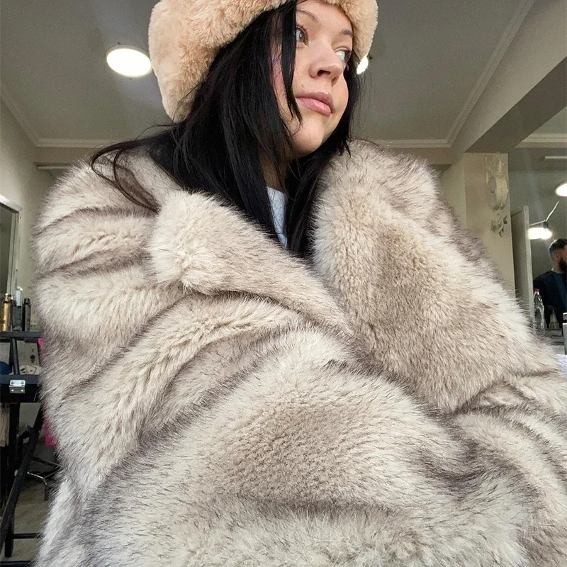 Faux Fur Coat for Women Gradient Animal Color Loose Oversized Jacket Long Fluffy Overcoat Warm Outwear Winter Clothes 2024