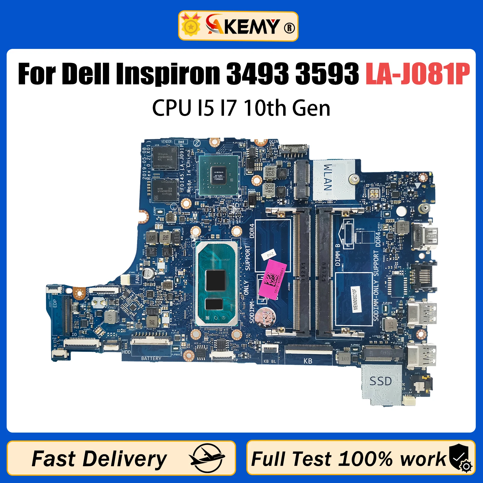 AKEMY LA-J091P For DELL Inspiron 3493 3593 3793 5493 Laptop Motherboard CN-035VMP CN-0N18YD With CPU I5 I7 10th Gen Mainboard