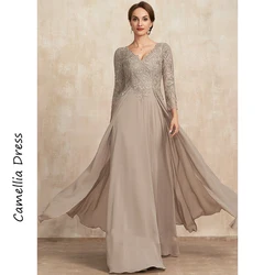 Vestido de renda chiffon com lantejoulas para mãe da noiva, vestidos formais de uma linha, decote em v simples, roupa formal
