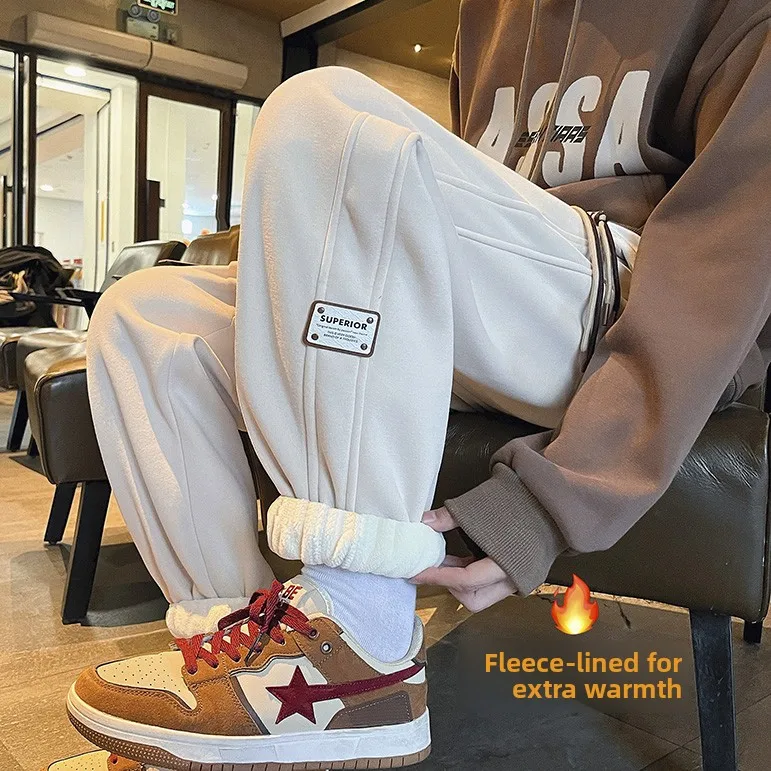 

Teenage Fce Lined Thi Warm Cotton Pants for Men Winter American Sle Dstring Sweatpants Loose Fit Casual Trousers