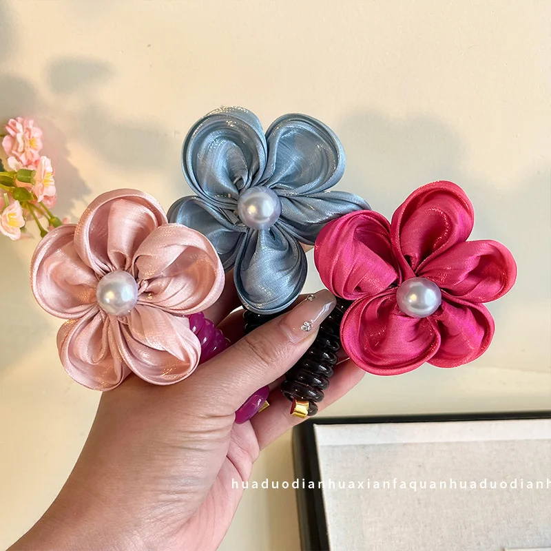 Cordón elástico para el pelo en espiral con flores rojas, banda de goma para el pelo, accesorio de tejido de temperamento para niña