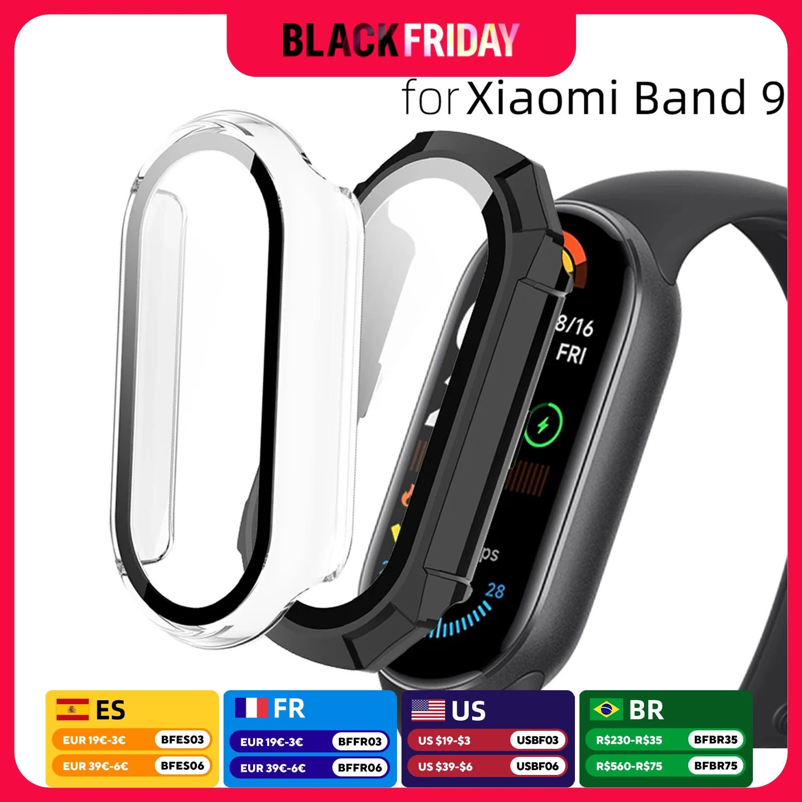 Case+Glass for Xiaomi Mi Band 9 PC All-around Bumper Anti-scratch Protective Cover + Screen Protector for Mi Band 9 Accessories