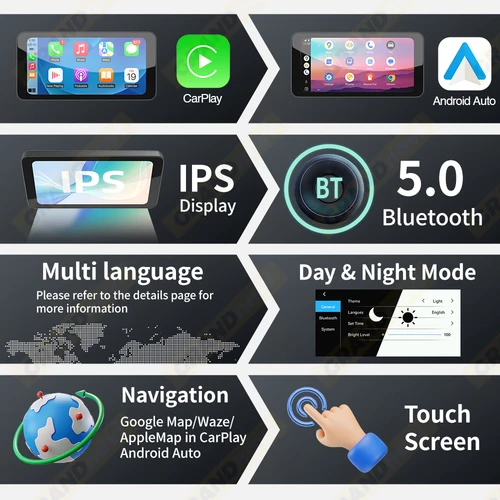 Imagen 2 del producto Pantalla inteligente para motocicleta de 6,5 "", CarPlay inalámbrico, Android, soporte extraíble para coche, Monitor Bluetooth portátil IP67 resistente al agua