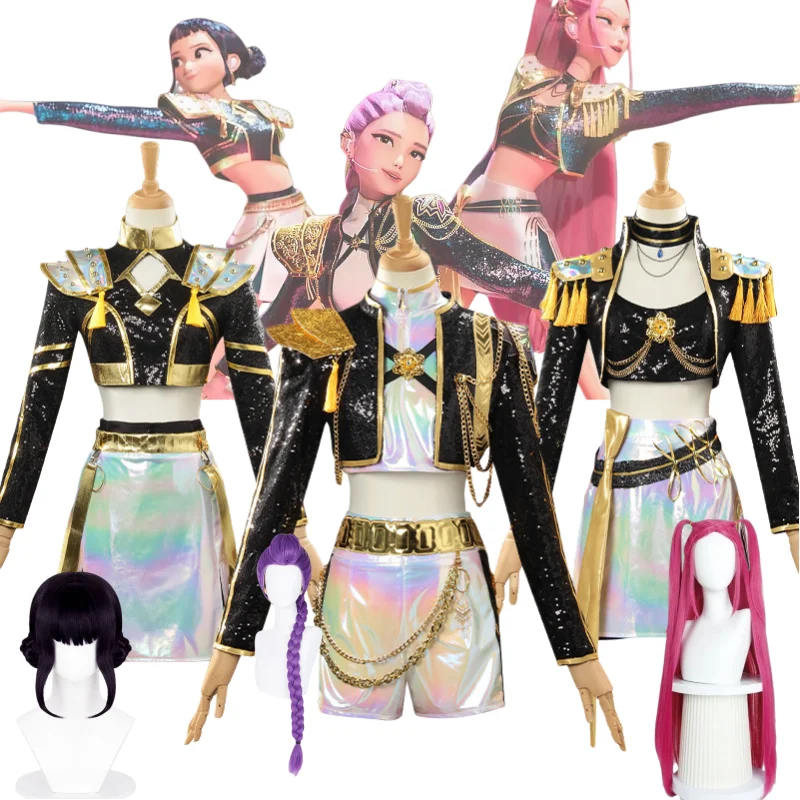 

Аниме KPop Rumi, черное золото, светоотражающая форма, костюм для косплея, парик Zoey Mira, женская одежда для рождественской вечеринки на Хэллоуин