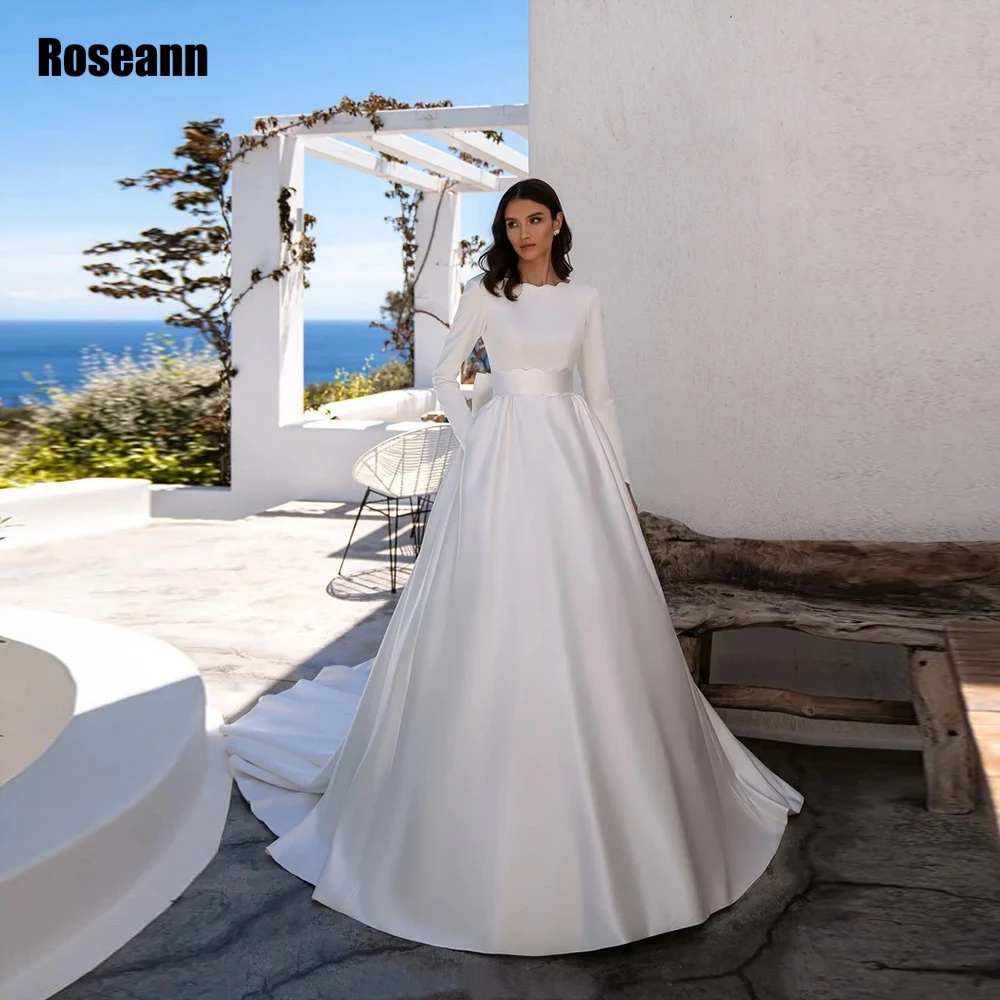 

Simple Satin Wedding Dresses For Women O Neck Long Sleeves Bridal Gowns Backless With Bow Court Train A Line robe de mariée 2024