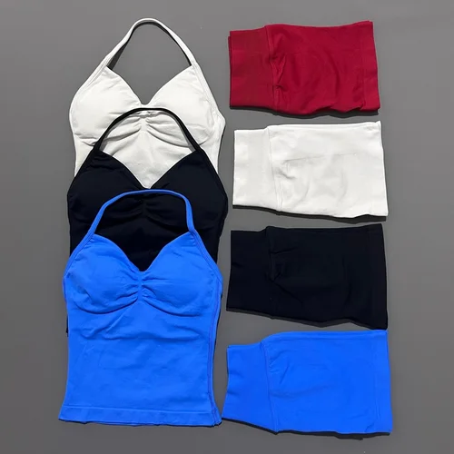 Imagen 2 del producto HISTELLO-Conjunto deportivo de 2 piezas para mujer, camisetas sin espalda, camisetas de Yoga, pantalones cortos sin costuras, conjunto deportivo de gimnasio, ropa deportiva, conjunto de entrenamiento