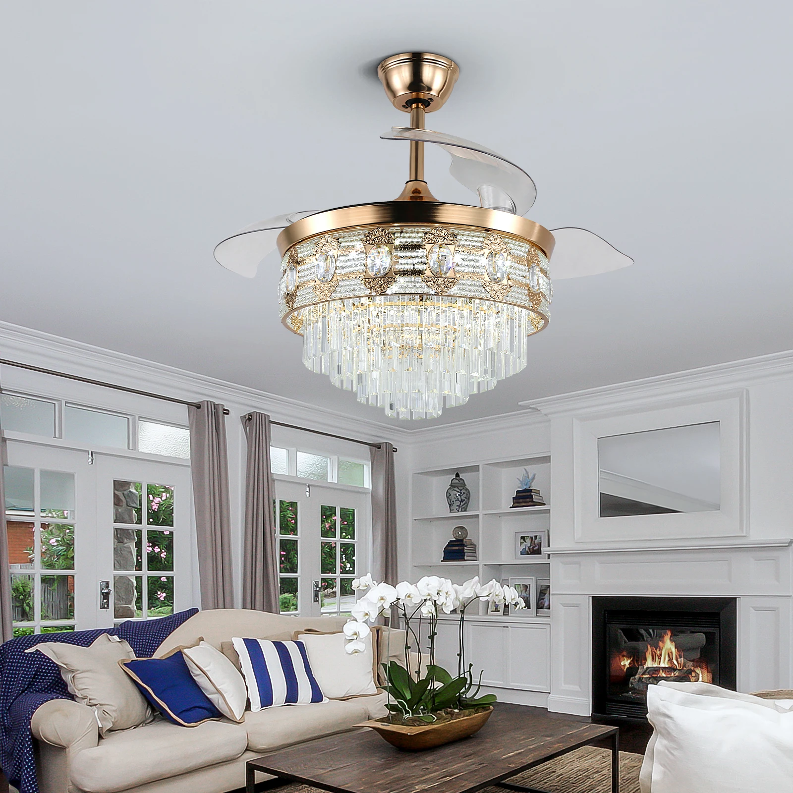 Modern Smart Ceiling Fan Chandelier Gold RC Adjustable 6 Speed Pendant Light Luminaire Bedroom 3 Heads Led Fandelier Lamp Indoor