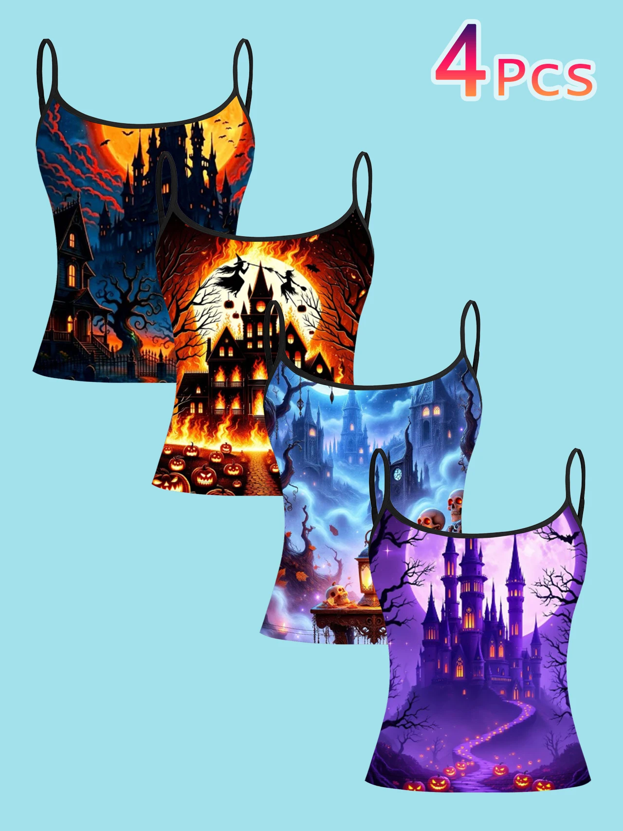4-Piece Set of Halloween Ghost Castle Witch Full Moon Pumpkin Print Camisole Tops for Women, Gothic Style Spaghetti Strap Slim-Fit Inner Tops