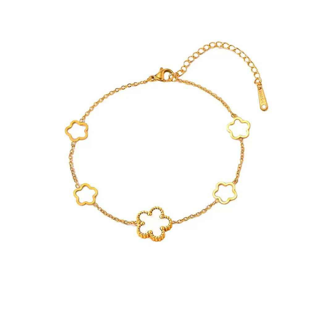 1 قطعة الحد الأدنى تكويم لامع ريترو حفلة محظوظ البرسيم سحر مع قذيفة أنيقة زهرة 14K مطلية بالذهب خلخال للنساء #3