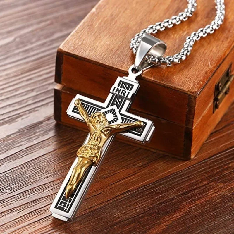 Men Women Stainless Steel Cross Pendant Necklace Creative Memorial Jesus Religious Necklace Party Jewelry Gift