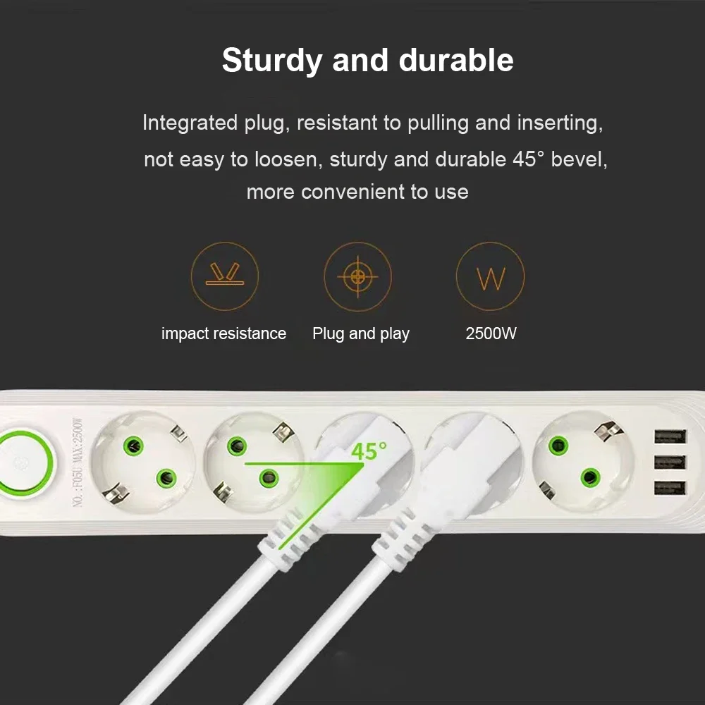 EU Plug Power Strip 5 Jack with 3 USB Ports 2M Extension Cord Electrical Socket Round Pin AC Outlet 2500W Multicontact Adapter