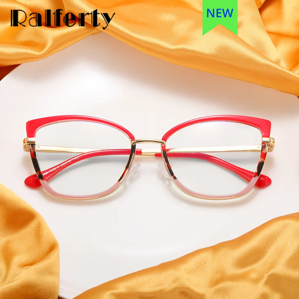 Ralferty Bicolor Designer Women's Eyeglass Frame No Grade Glasses Decorative Anti-glare Lenses and Blue Light Filters Eyewear