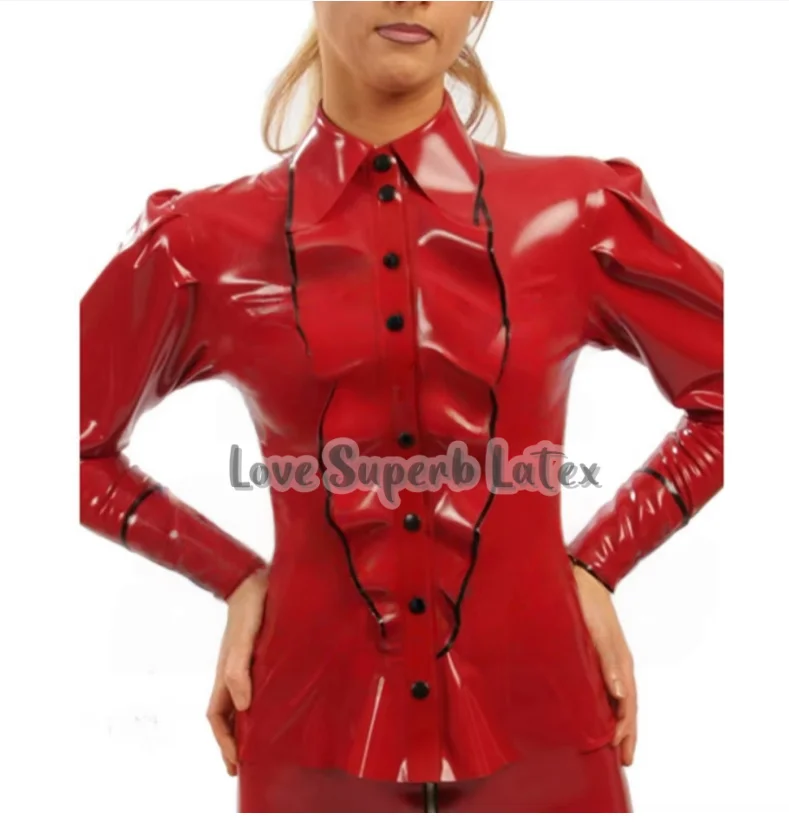 

latex mandarin for women rubber blouse in red and black trim Halloween
