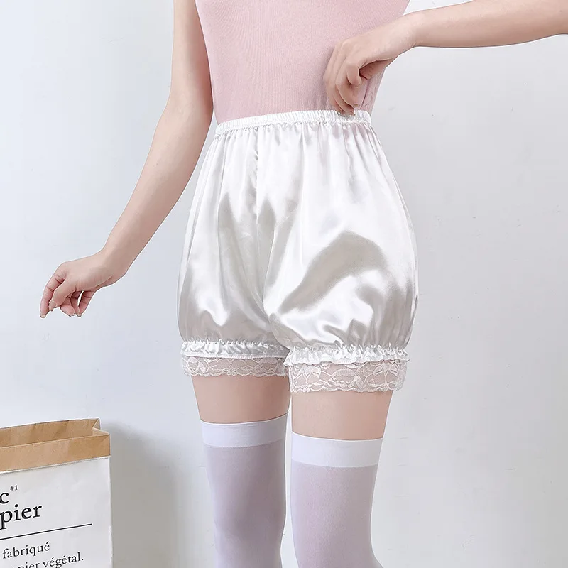 Cute Lolita Safety Satin Glossy Short Pants Women Sweet Ice Silk JK Bloomers Ruffles Lace Trim Panties Pumpkin Shorts Pettipants