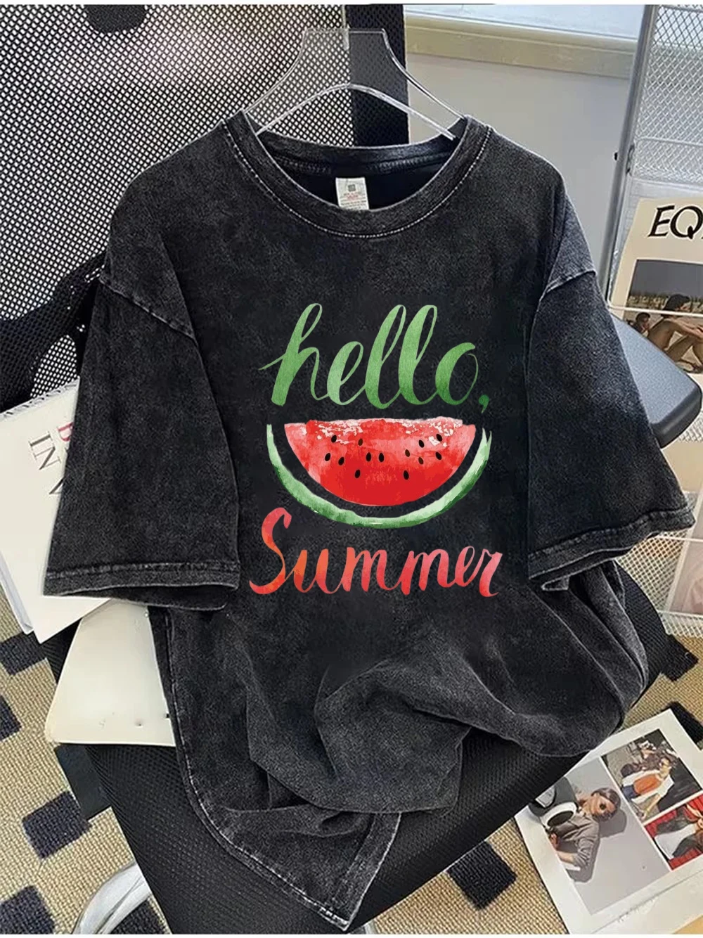 Washed Black Summer Fruit Graphic T-Shirt, Watercolor Green Grape Coconut Watermelon Drink Print Casual Neck Top for Men Women