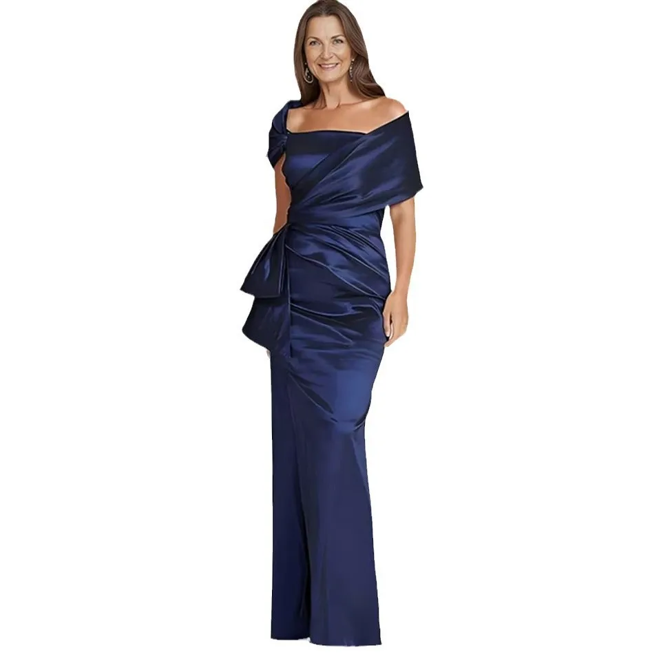 

Customized Elegant Women's Evening Dress Navy Blue Satin Pleated Off Shoulder Wedding Guest Gown Mother of the Bride Dresses