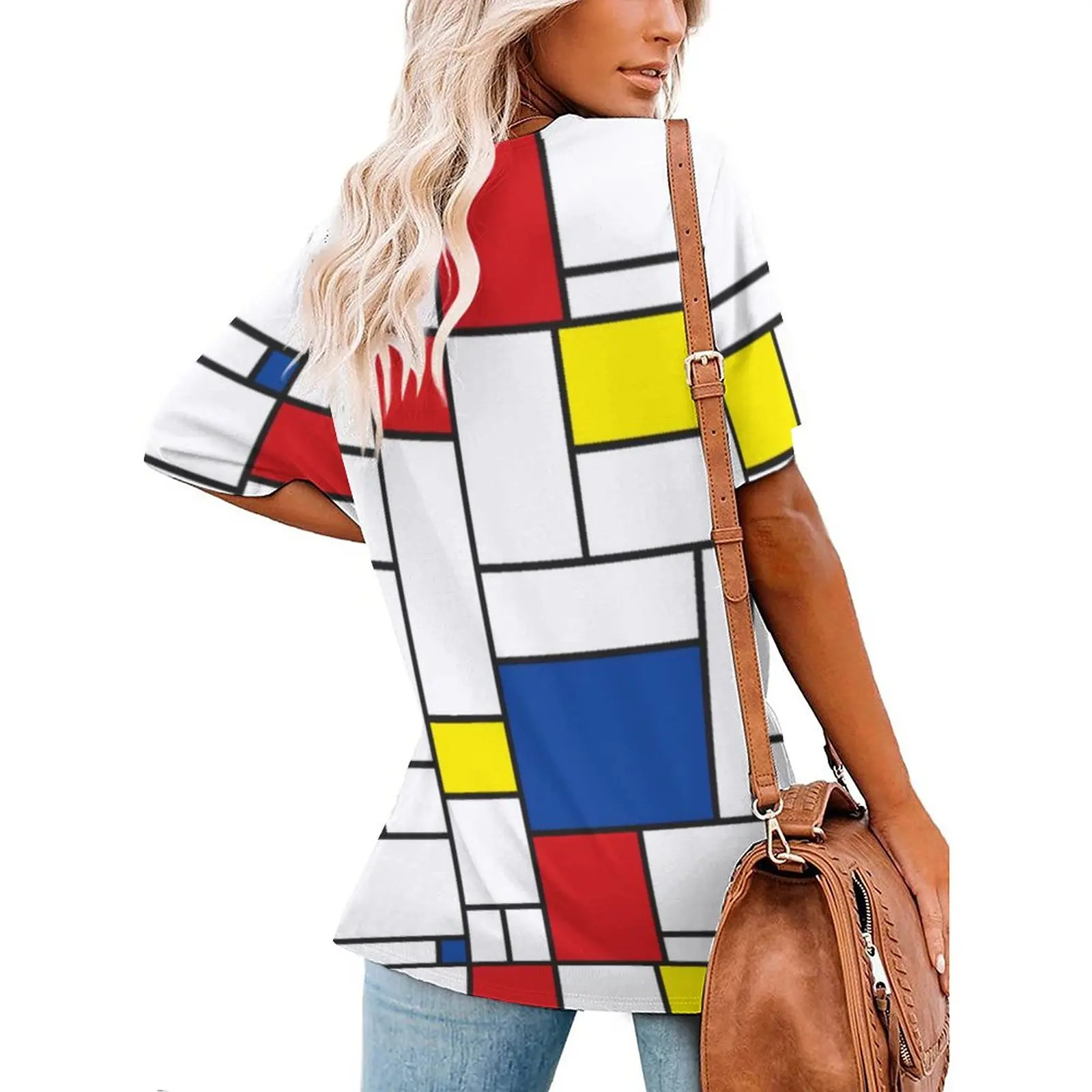 Retro Mondrian Plaid T-Shirts Mondrian Modern Art V Neck Korean Fashion Oversize T-Shirt Short Sleeve Aesthetic Tee Shirt Tops