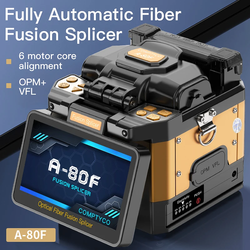 COMPTYCO A-80F/A-10 Optical Fiber Fusion Splicer Touch Screen Multilingual 6 Motors Fiber Optic Fusion Machine Built-in OPM VFL