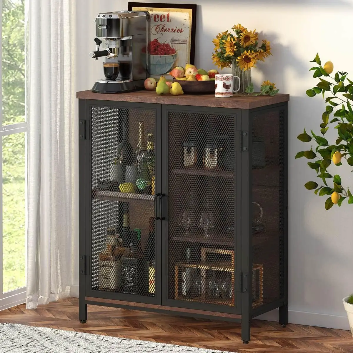 Bar Cabinet for Liquor, Small Storage Cabinet for Home Kitchen, Farmhouse Buffet Sideboard Table Station, Whiskey Alcohol