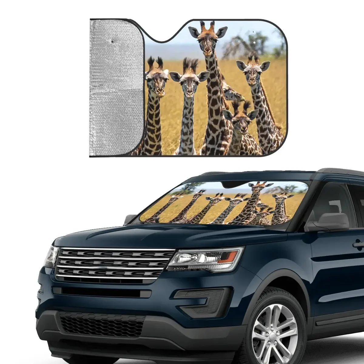 Giraffe Family Personality Windshield Sunshade 70x130cm Animals Foils Sun Visor Heat Reflector