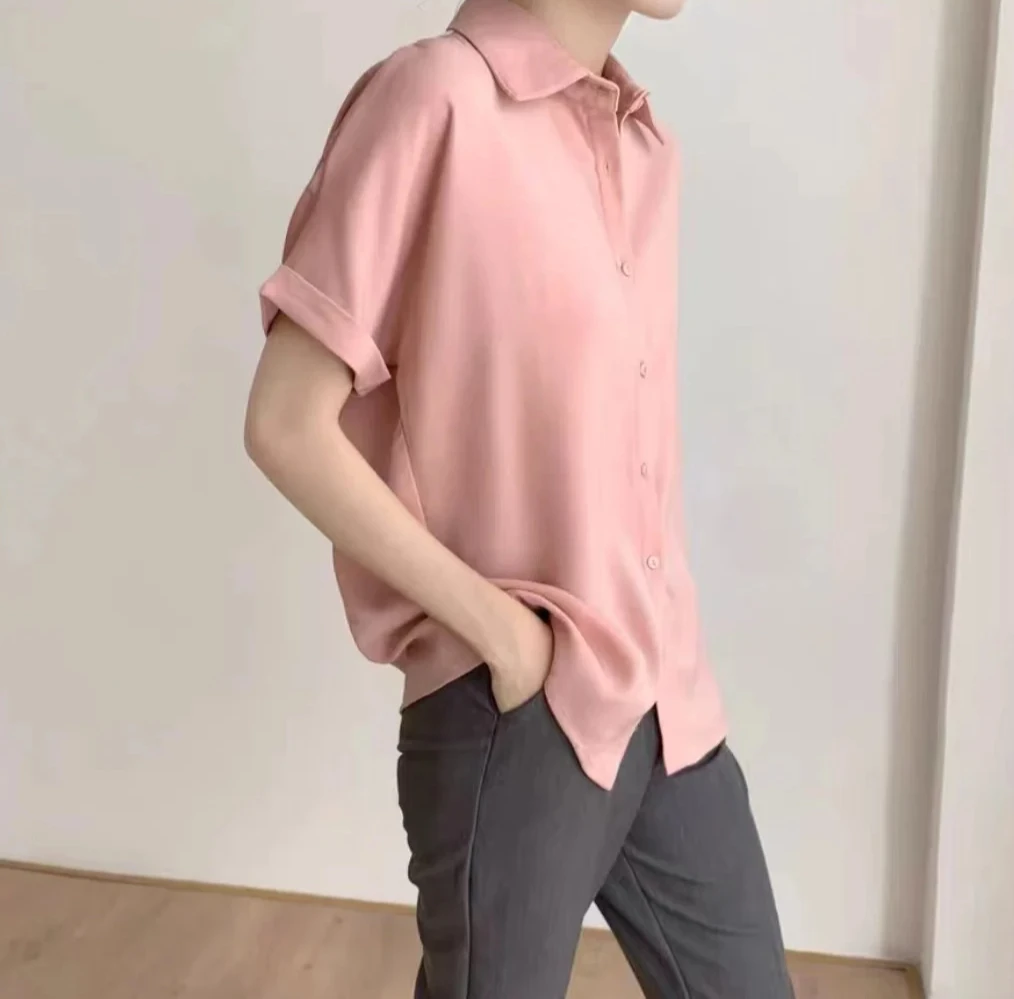 우아한 빈티지 여성 솔리드 반팔 셔츠 한국 패션 여름 여성 블라우스 캐주얼 심플 의류 탑 여성 트렌디