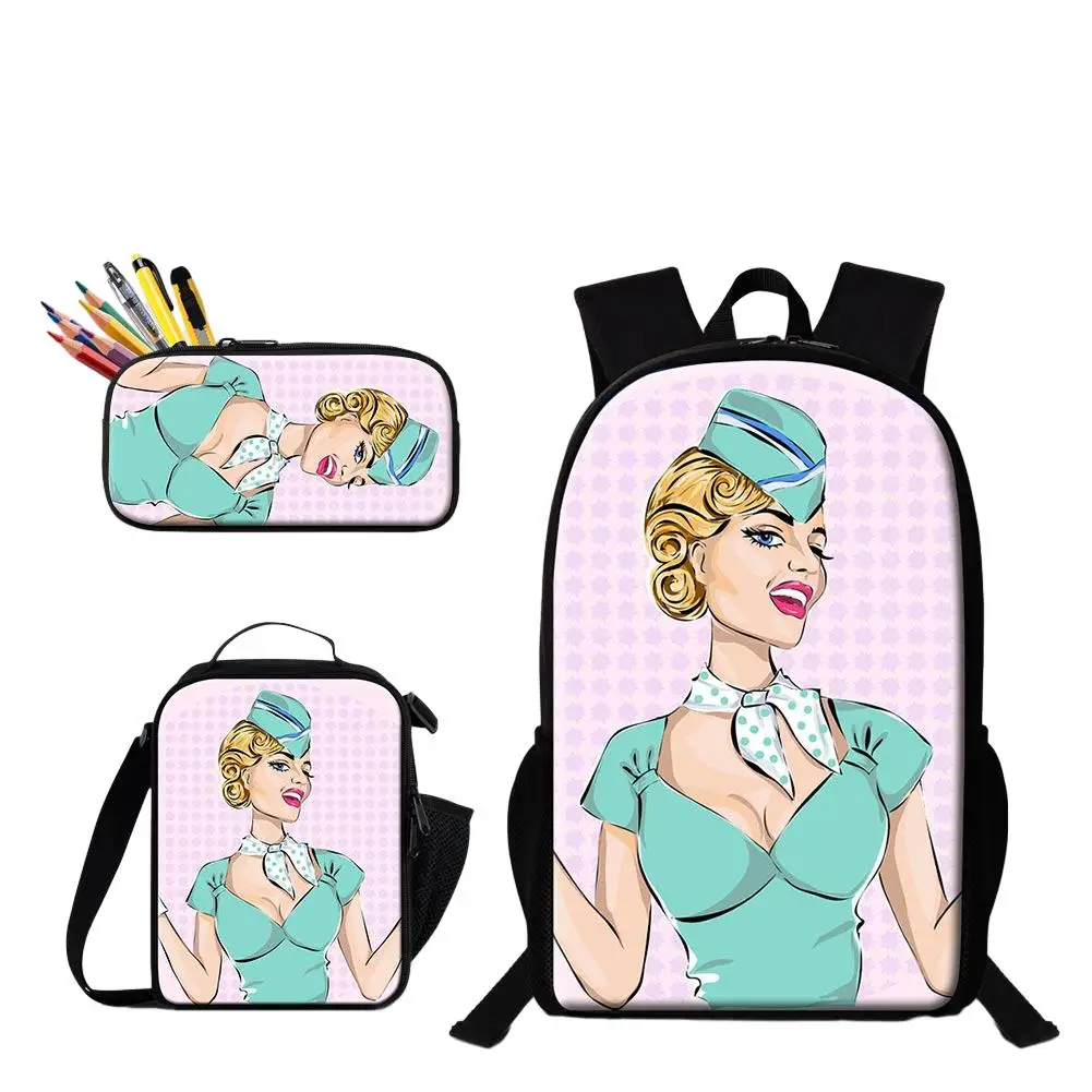 Art Cartoon School Bag With Pencil Case Hot Press Transfer Sublimation Print 3PCS Backpack Set Food Bags For Lunch Drop Shipping