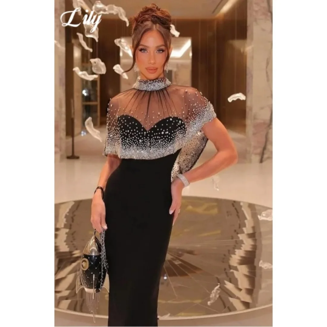Vestido de Festa em Cetim Preto Lily, Vestido de Noite com Ombros Descidos, Adornado com Cristais, Vestido Personalizado para Mulheres
