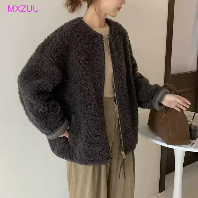 Veste en peau de mouton pour femme, manteau en laine granulaire, col rond, fermeture éclair, décontracté, court, en fourrure de mouton, tendance, vêtement femme