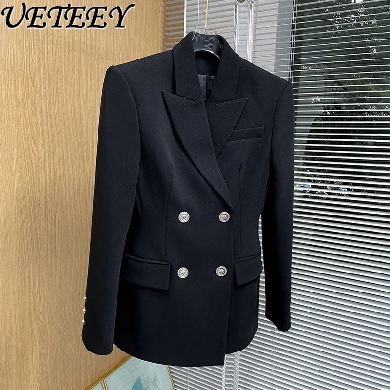 Suit Coat for Women Spring and Autumn New Heavy-Duty Double-Breasted Wide-Shoulder Tight Waist Ladies Elegant Slim Fit Jacket