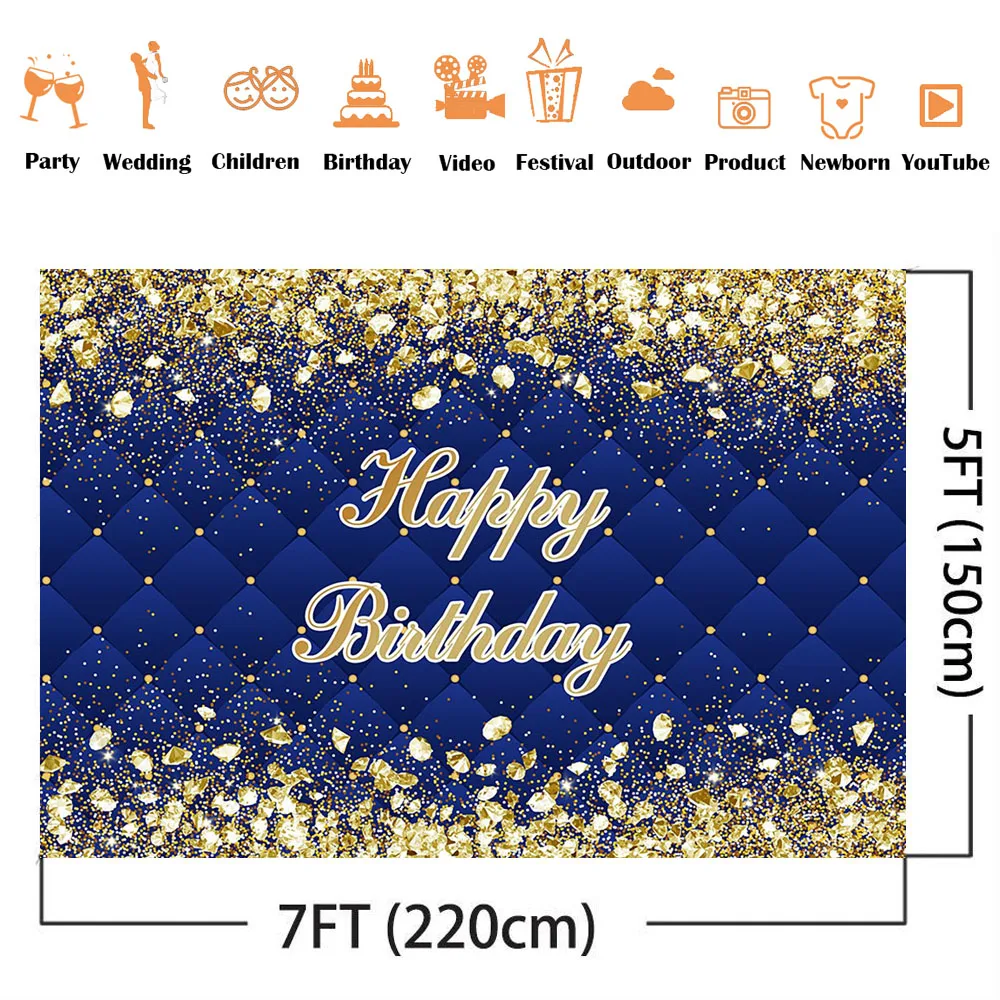 Gold Glitter Happy Birthday Backdrop Adult Dark Blue Heardboard Background for Photo Studio Photocall Women diamonds decoration