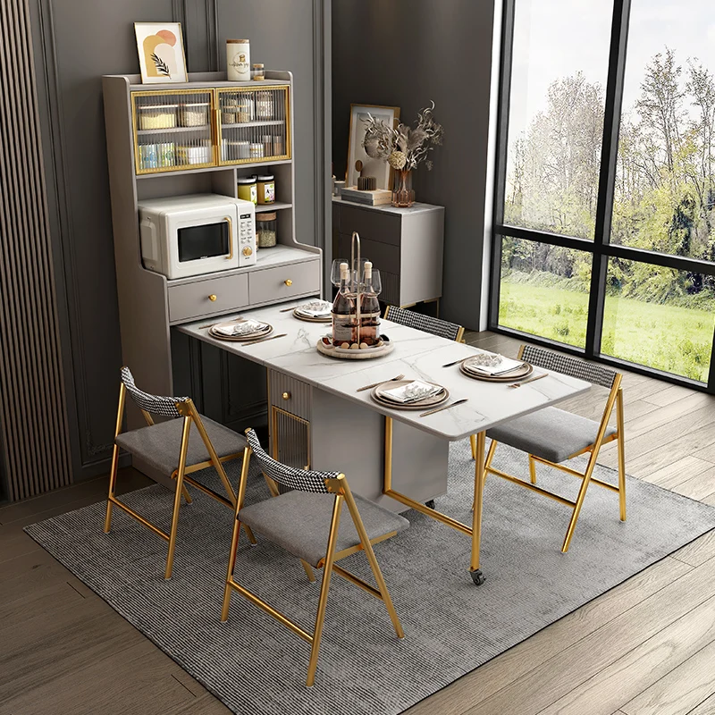 Folding dining table, sideboard, small dining table, with rock slab storage, space-saving table