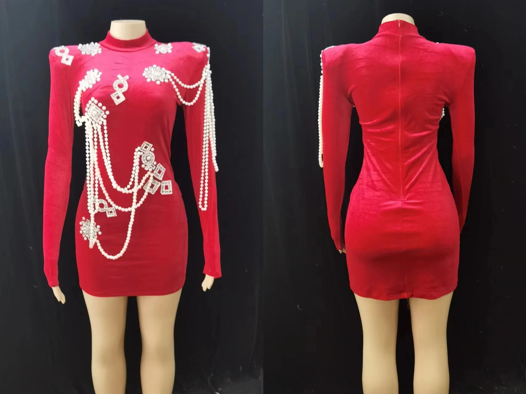 Designer fluwelen damesjurk met parelkettingen, diamanten kralen, lange mouwen, stijlvolle mode, hoge kwaliteit 2024-stijl