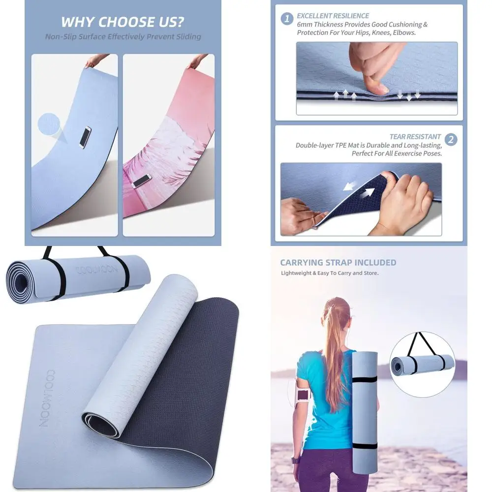 

Нескользящий, износостойкий коврик для йоги из TPE толщиной 1/4 дюйма, 72x24 дюйма, с ремнем для фитнеса, йоги и пилатеса