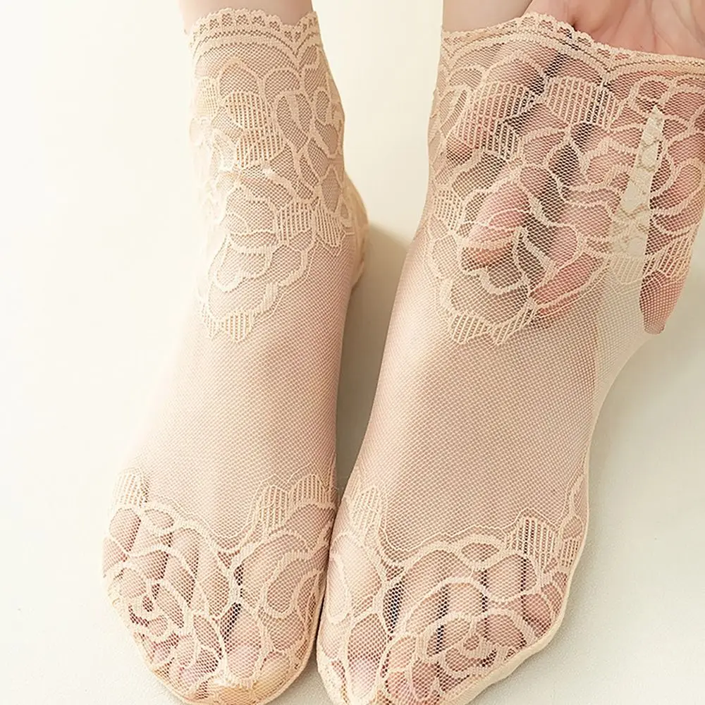 1pair Lace Flower Transparent Socks Breathable Mesh Cotton Ankle Socks Anti-slip Invisible Ruffle Sock Summer