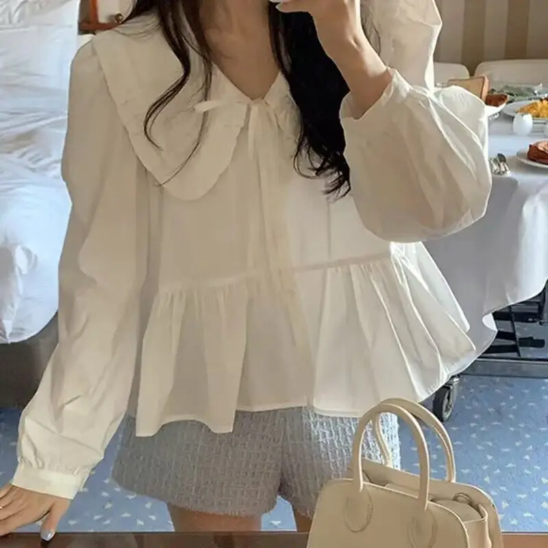 Ruffles Shirts and Blouses Korea Peter Pan Collar Top Women 2024 Autumn Long Sleeve Elegant Women Blouses Solid Fashion Clothes