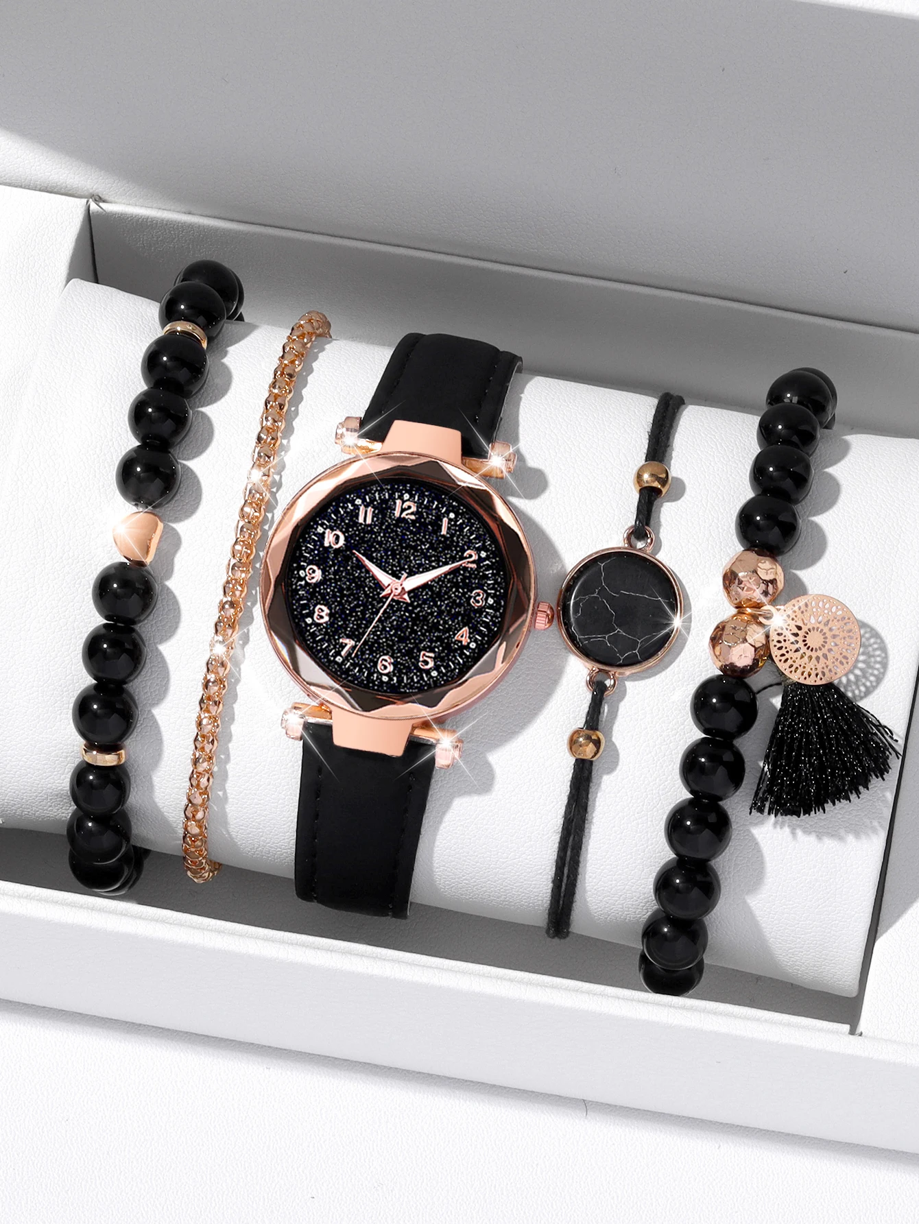 

5pcs fashionable and simple digital starry dial women's quartz strap watch with turquoise tassel disc bracelet set