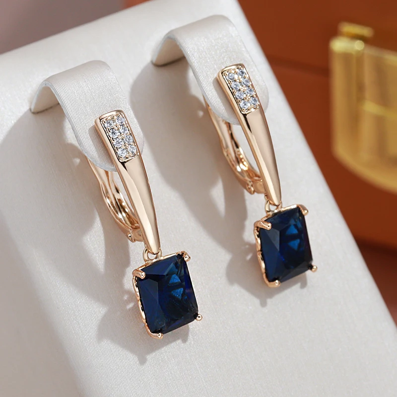 JULYDREAM Square Geometric Blue Zircon Women Pendant Earrings 585 Gold Color Long Ear Drop Fashion Jewelry Vintage Accessories