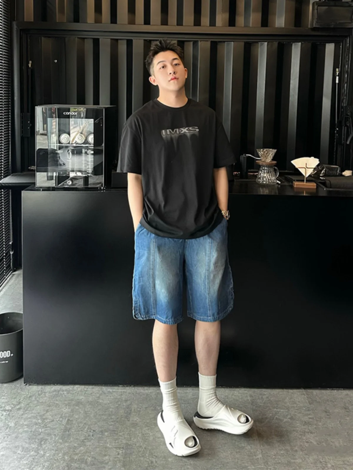 

Washed Blue Men's Summer High Street Patchwork Loose Five-Quarter Jeans Trendy Straight Leg Mid-High Waist Denim Shorts