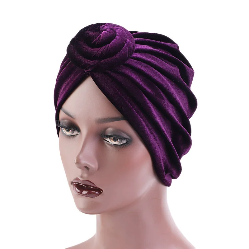 Boné de turbante de veludo Donut monocromático para mulheres, estilo Bohe, lenço muçulmano, gorro, envoltórios africanos, chapéu bandana