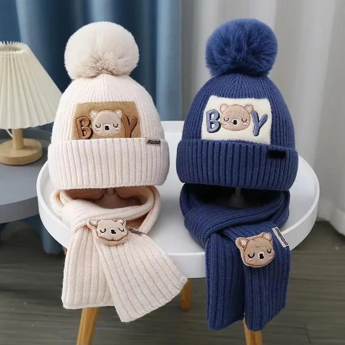 2 unids/set gorro para bebé bufanda lindo pompón invierno lana tejido gorro cálido niños niñas dibujos animados oso gorro de ganchillo bufandas