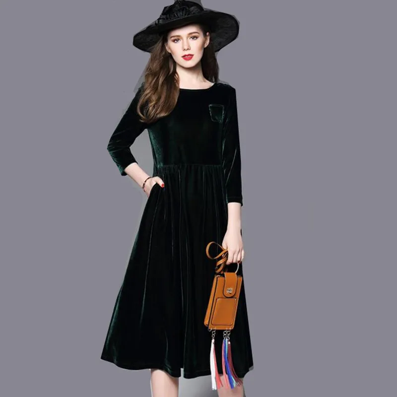 

Plus size Vintage Velvet Dress Three Quarter Sleeve Women Dress with Pocket Casual Party Dresses Vestidos Elegantes Para Mujer