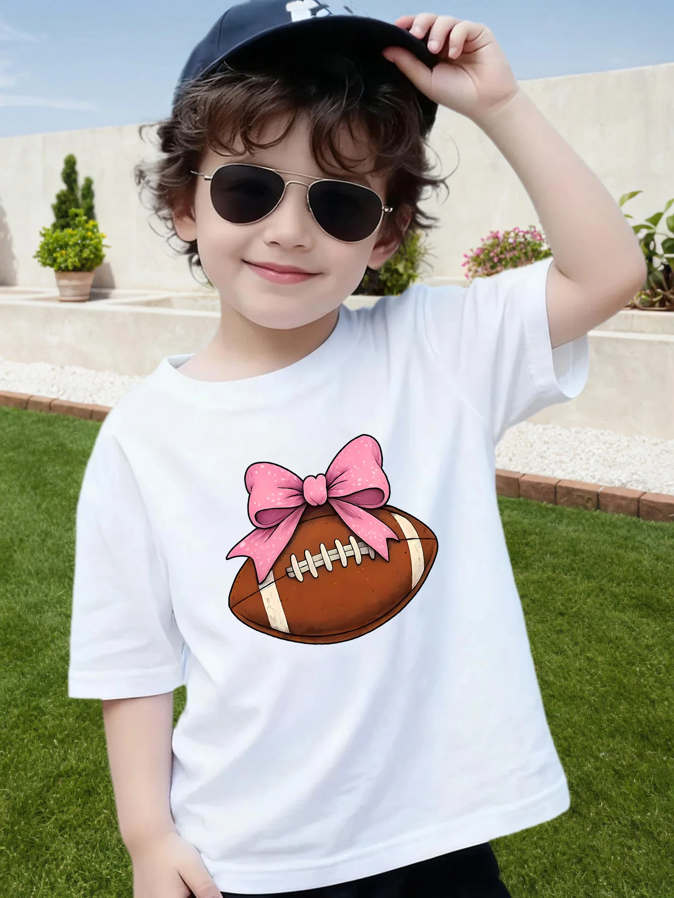 Lovely Bow Football Graphic Print Boys Girls Family Matching Cotton Short Sleeve Crew Neck Soft Summer Kids Daily Casual Tees