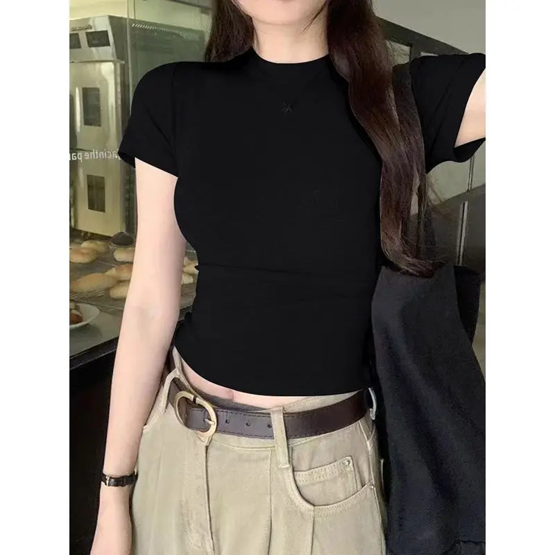

Round neck straight shoulder short-sleeved T-shirt for women in summer new slim and versatile short top