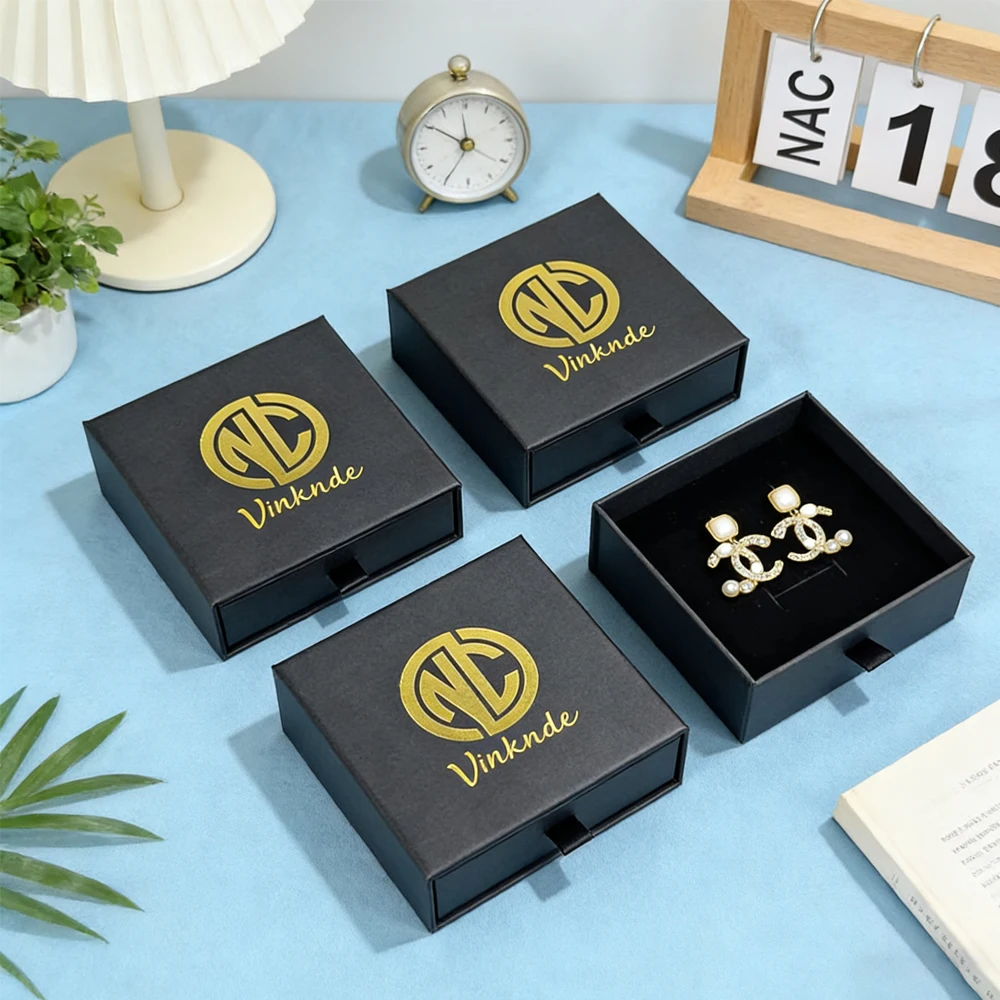 

24Pack Cardboard Rigid Square Jewelry Box Custom Logo Black Board 9x9x3.2cm Small Size Necklace Earring Perfume Organizer Boxes