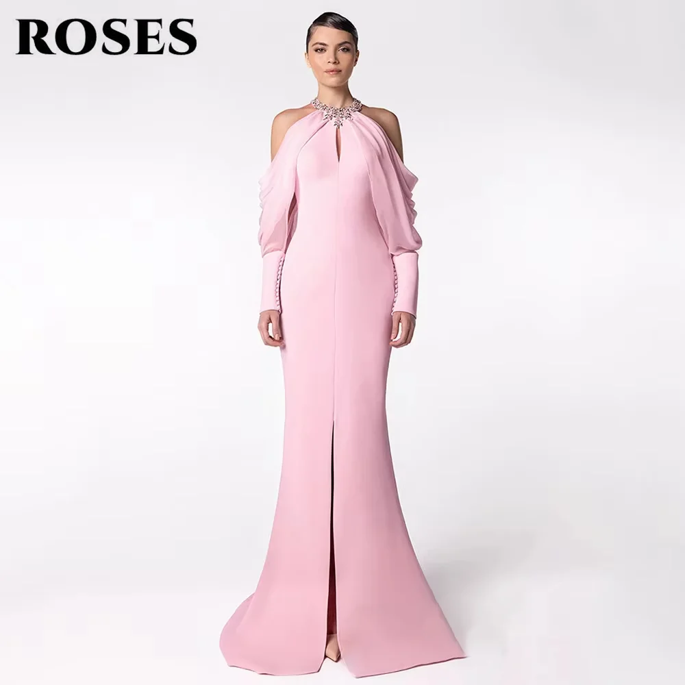 ROSES Pink Halter Party Dress Cold Shoulder Mermaid Evening Dress Crystal Satin Formal Gown with Button Prom Gown Customized