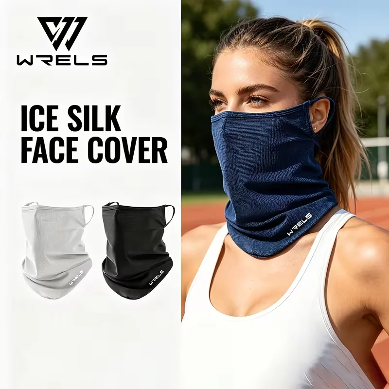WRELS Masque facial en soie glacée rafraîchissant, protection UV, cache-cou respirant en maille avec passants pour les oreilles, pour l'été, le cyclisme, la course à pied, foulard solaire unisexe