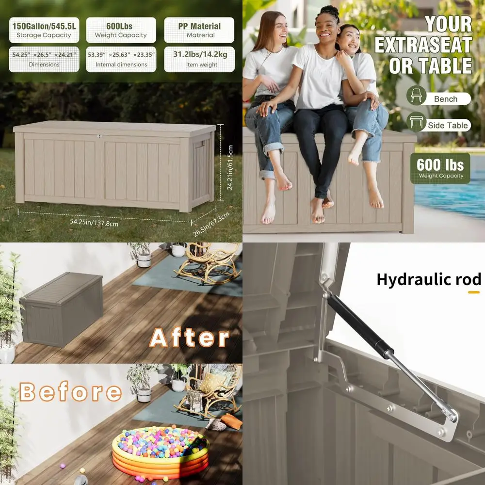 

Всепогодный запираемый ящик для хранения на террасе объемом 150 галлонов - большой уличный контейнер для хранения аксессуаров для бассейна, подушек и садового инвентаря