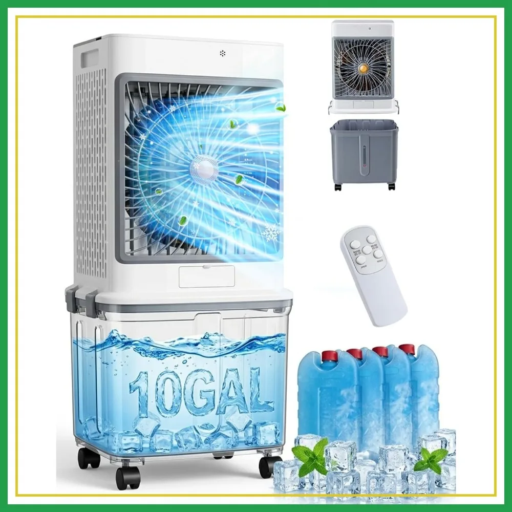 

Portable Air Conditioner, Swamp Cooler Evaporative Air Cooler for Room, Windowless Cooling Fan with 10GAL Tank, Remote & Timer