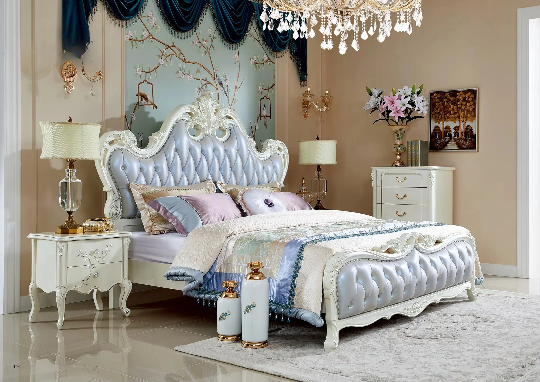 ws-Victorian Antique Style Comfortable Solid Oak Wood Blue Hand Carved Soft Bed Bedroom Furniture Set King Queen Size@